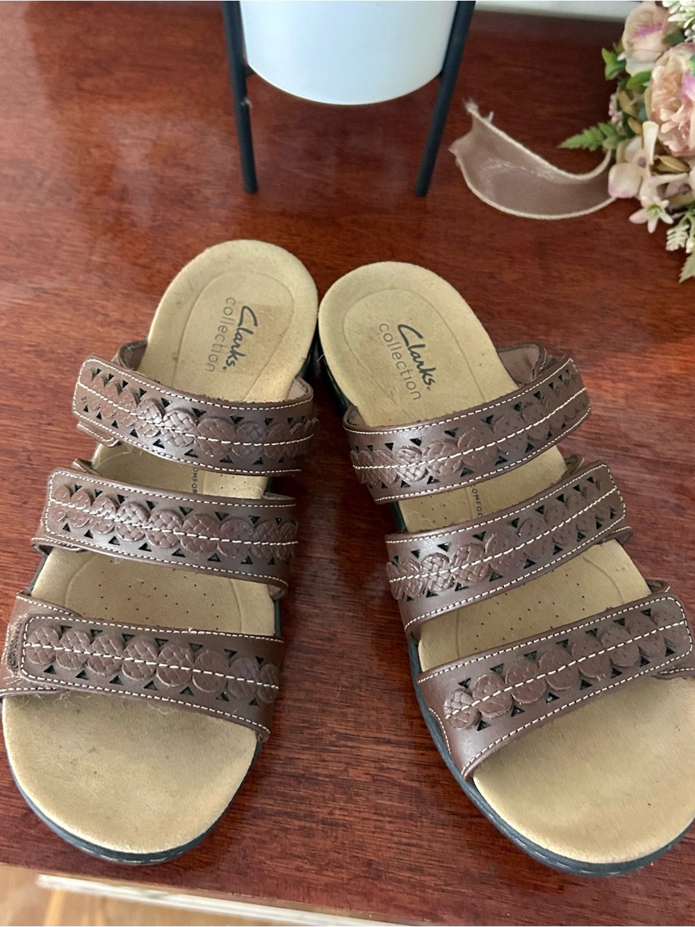 Clarks Brown Triple-Strap Leather Slide Sandals - Picture 3 of 7